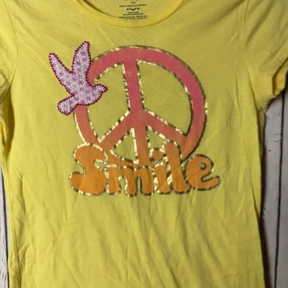 Old Navy Girl's Yellow Tee with Peace and Smile Graphic Sz XL
